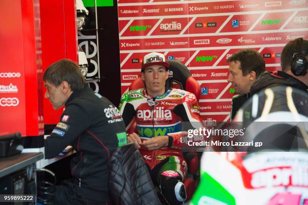 Aleix Espargaro of Spain and Aprilia Racing Team Gresini looks on in box during the MotoGp of France - Free Practice on May 18, 2018 in Le Mans,...