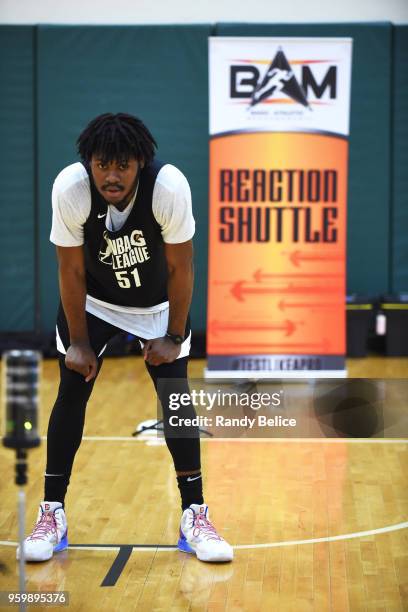 Diamond Stone looks on during the NBA G-League Elite Mini Camp on May 14, 2018 at Quest Multisport in Chicago, Illinois. NOTE TO USER: User expressly...