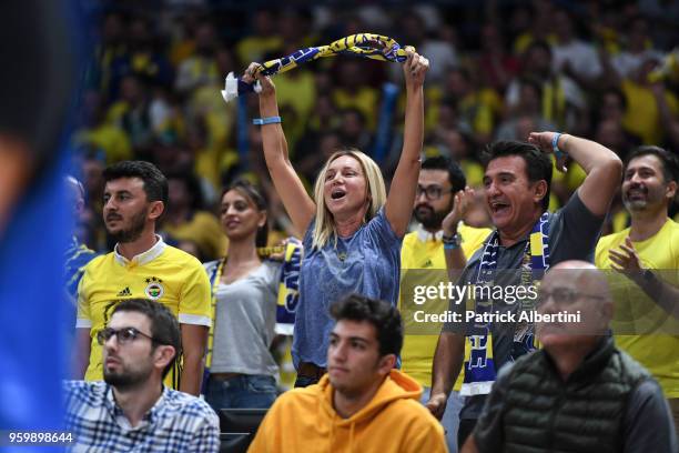 Fenerbahce Dogus Istanbul supporters during the 2018 Turkish Airlines EuroLeague F4 Semifinal B game between Fenerbahce Dogus Istanbul v Zalgiris...