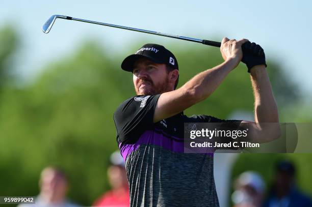 Jimmy Walker plays his tee shot on the 12th hole during the second round of the AT&T Byron Nelson at Trinity Forest Golf Club on May 18, 2018 in...