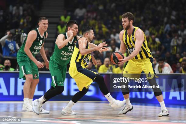 Nicolo Melli, #4 of Fenerbahce Dogus Istanbul, Kostas Sloukas, #16 of Fenerbahce Dogus Istanbul, Edgaras Ulanovas, #92 of Zalgiris Kaunas during the...