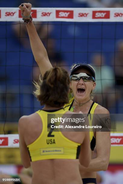 Kerri Walsh Jennings of United States in action during the main draw match against Taru Lahti and Annina Parkkinen of Finland at Meia Praia Beach...