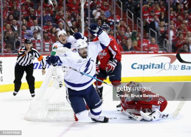 Alex Killorn of the Tampa Bay Lightning celebrates after scoring the game winning goal on Braden Holtby of the Washington Capitals at 11:57 of the...