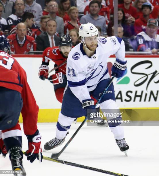 Brayden Point of the Tampa Bay Lightning skates against the Washington Capitals in Game Four of the Eastern Conference Finals during the 2018 NHL...