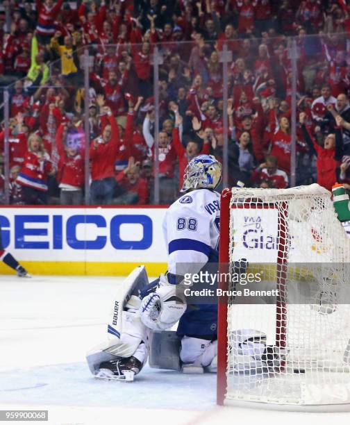 Andrei Vasilevskiy of the Tampa Bay Lightning allows a goal to the Washington Capitals in Game Four of the Eastern Conference Finals during the 2018...