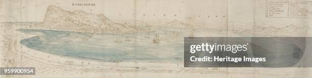 Panoramic View over the Bay of Gibraltar looking towards the Town and the African Coast beyond, circa 1567. Dimensions: height x width: sheet 28.4 x...