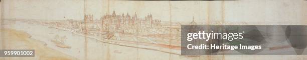 View of Hampton Court Palace from the South, with the River in the Foreground, 1558. Dimensions: height x width: sheet 29.5 x 147.2 cm Artist...