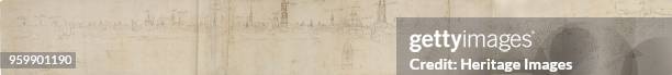 Preliminary Sketch for a View of Bruges from the South-West, 1558. Verso: Sketches of buildings, 1558. Dimensions: height x width: sheet 14 x 119 cm...