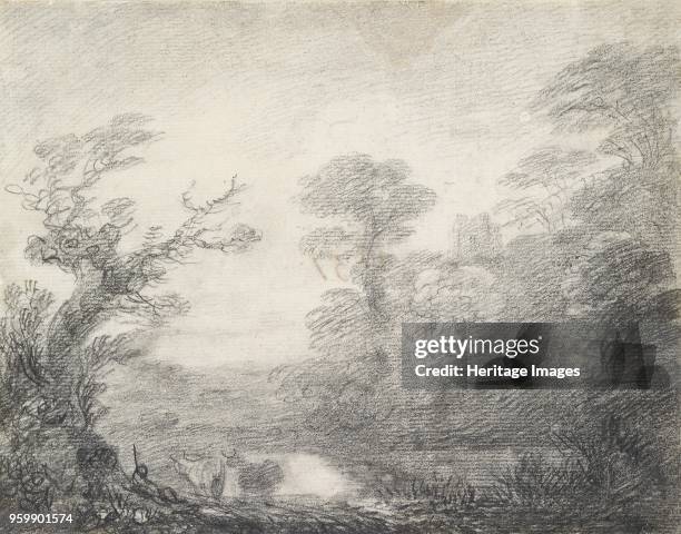 Wooded landscape with herdsman, cows and church tower, 1753-1757. Artist Thomas Gainsborough.