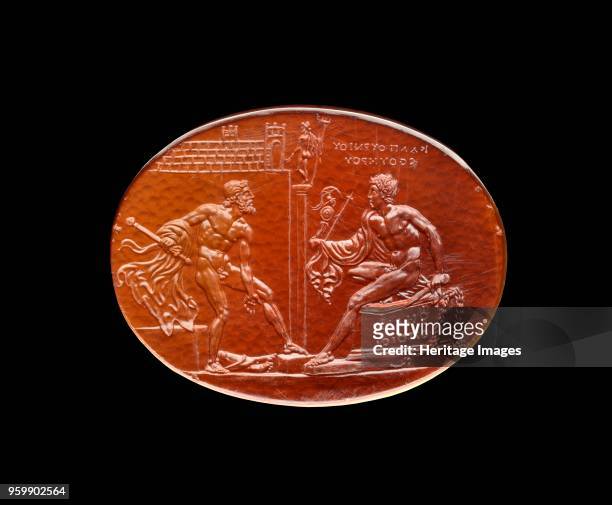 Felix gem, early 1st Century. Sardonyx engraved with a scene from the Trojan Wars: Diomedes, carrying the Palladium and a sword, leaps over an altar;...