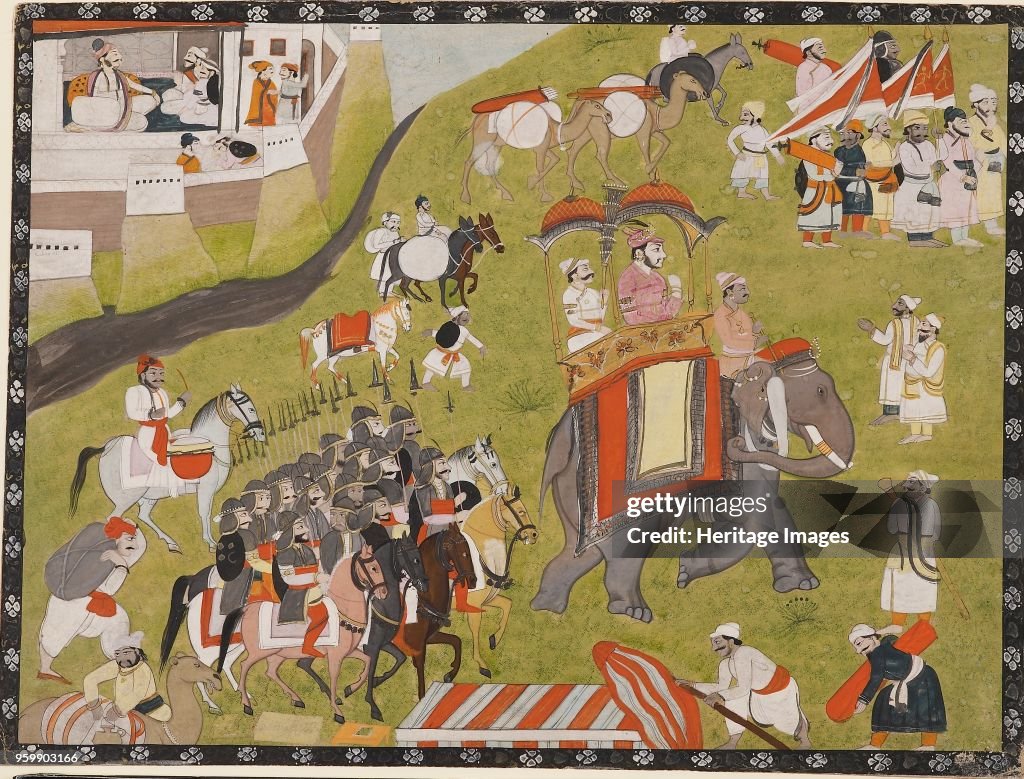 Procession Of A Raja On Elephant With Armed Escort And Retainers