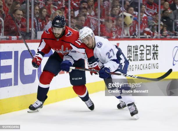 Chandler Stephenson of the Washington Capitals battles with Ryan McDonagh of the Tampa Bay Lightning in Game Four of the Eastern Conference Finals...