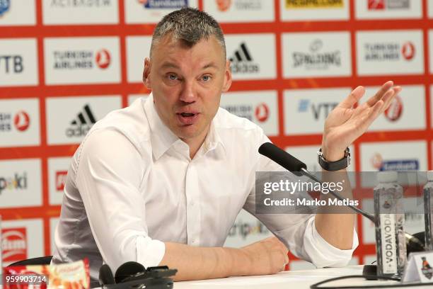 Sarunas Jasikevicius, Head Coach of Zalgiris Kaunas speaks at the press conference after the during the 2018 Turkish Airlines EuroLeague F4 Semifinal...