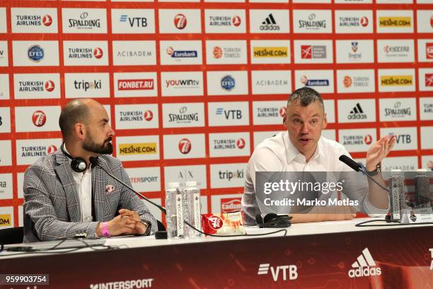 Sarunas Jasikevicius, Head Coach of Zalgiris Kaunas speaks at the press conference after the during the 2018 Turkish Airlines EuroLeague F4 Semifinal...
