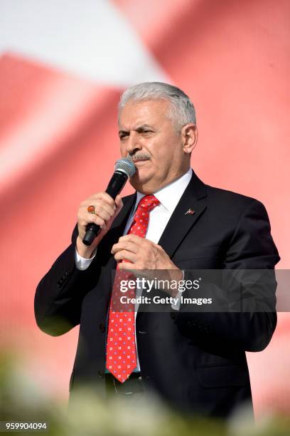 Turkey's Prime Minister Binali Yildirim delivers a speech during a rally at Istanbul's Yenikapi fairground to show solidarity with Palestinians after...