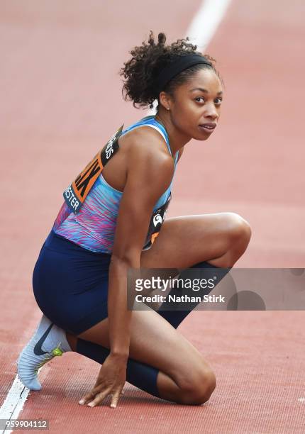 Allyson Felix of United States looks on after the Women's 150 Metres race during the Great City Games on May 18, 2018 in Manchester, England.