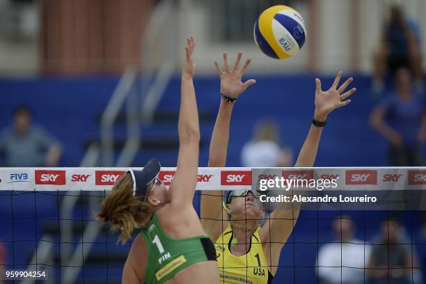 Kerri Walsh Jennings of United States in action during the main draw match against Taru Lahti and Annina Parkkinen of Finland at Meia Praia Beach...