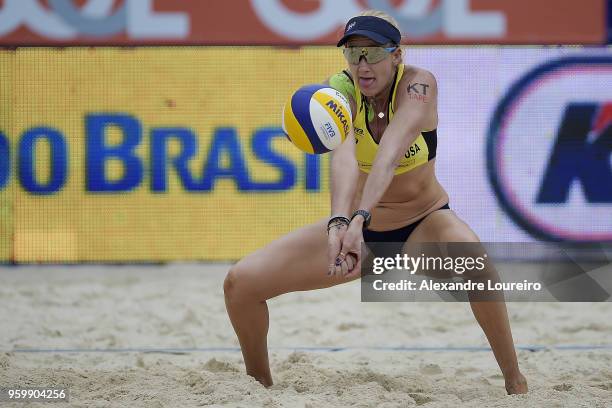 Kerri Walsh Jennings of United States in action during the main draw match against Taru Lahti and Annina Parkkinen of Finland at Meia Praia Beach...