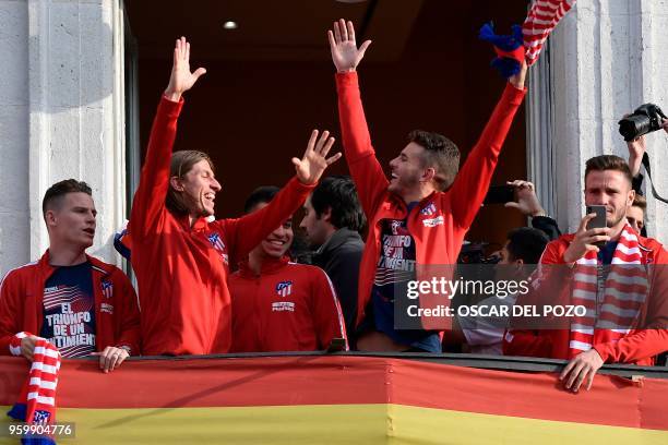 Atletico Madrid's French forward Kevin Gameiro, Brazilian defender Filipe Luis, Argentinian forward Angel Correa, French defender Lucas Hernandez and...