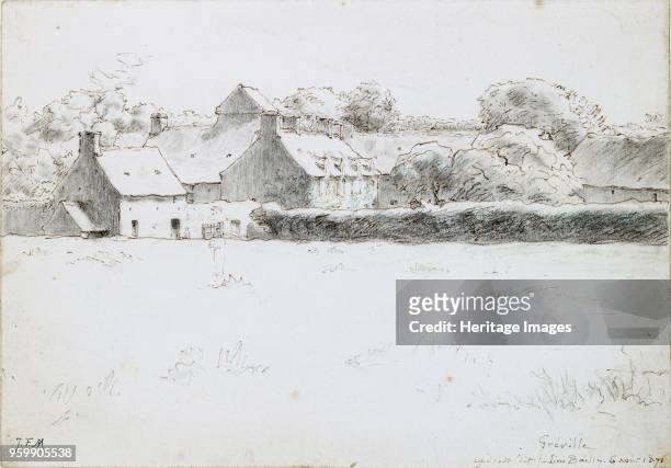 View of farm buildings across a field, 6 August 1871. Dimensions: height x width: sheet 17.8 x 22.5 cmArtist Jean Francois Millet.