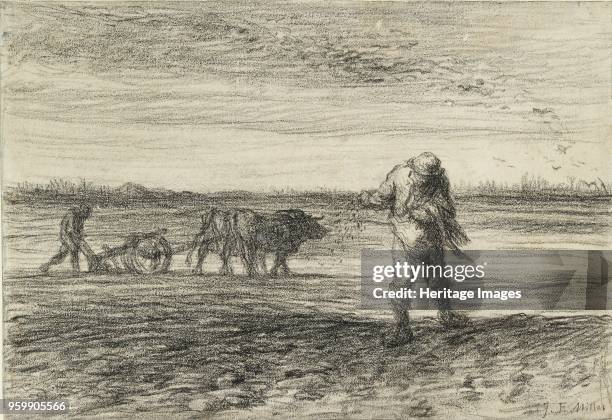 Man ploughing and another sowing, 1849-1852. Dimensions: height x width: sheet 14.5 x 21.2 cm. Artist Jean Francois Millet.