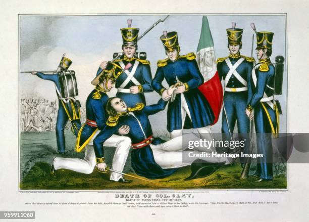 Death of Col. Clay, Battle of Buena Vista, Feby. 23d pub. 1847 hand coloured engraving. Mexican-American War 1846 Battle of Buena Vista 22 - 23...