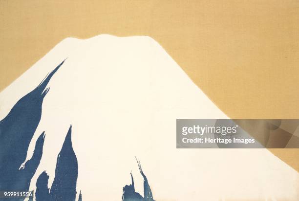 Mount Fuji, from Momoyo-gusa The World of Things Vol I, pub.1909 colour block woodcut. View of Mount Fuji; )