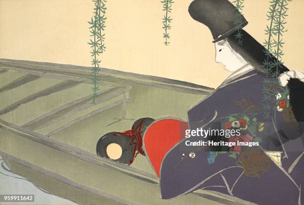 Asazuma-bune, from Momoyo-gusa The World of Things Vol II, pub.1909 colour block woodcut. A Nobleman on a Boat; )
