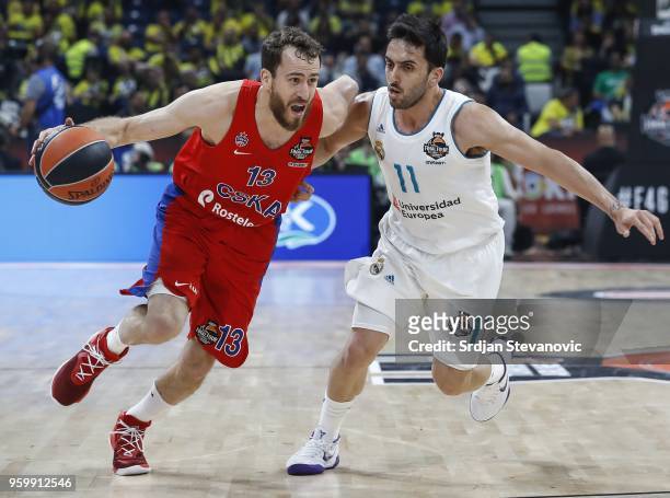 Sergio Rodriguez of CSKA in action against Facundo Campazzo of Real Madrid during the Turkish Airlines Euroleague Final Four Belgrade 2018 Semifinal...