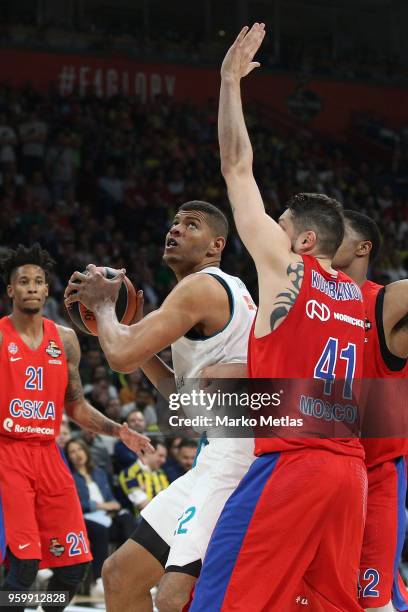 Walter Tavares, #22 of Real Madrid competes with Nikita Kurbanov, #41 of CSKA Moscow during the 2018 Turkish Airlines EuroLeague F4 Semifnal B game...