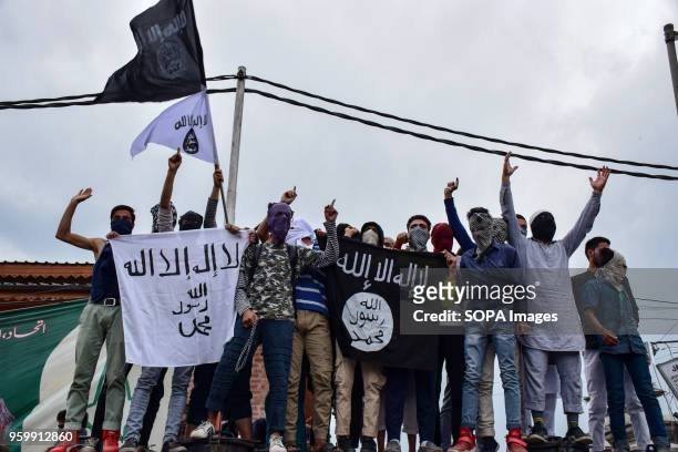 Kashmiri protesters shouts anti indian slogans during protest in Srinagar on Friday. They also display flags including the ISIS flag. Government...