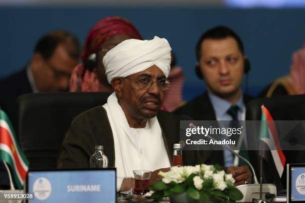 President of Sudan Omar al-Bashir makes a speech during the Organization of Islamic Cooperation Extraordinary Islamic Summit Conference at Istanbul...