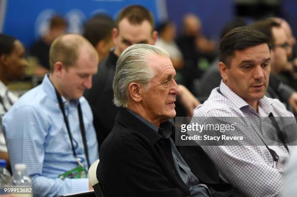 Miami Heat president Pat Riley attends Day Two of the NBA Draft Combine at Quest MultiSport Complex on May 18, 2018 in Chicago, Illinois. NOTE TO...