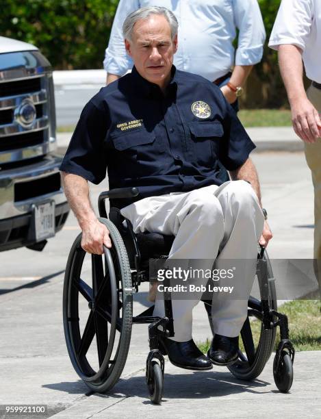 Texas Gov. Greg Abbott arrives for a press conference to speak about the shooting incident at Santa Fe High School May 18, 2018 in Santa Fe, Texas....