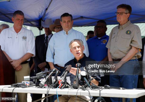 Galveston County Judge Mark Henry, Sen.Ted Cruz, Texas Gov. Greg Abbott and Texas Lt. Gov. Dan Patrick speak to the media during a press conference...