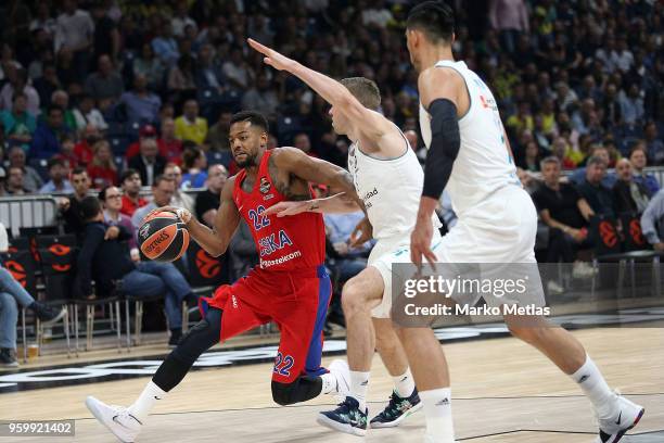 Cory Higgins, #22 of CSKA Moscow competes with Fabien Causeur, #1 of Real Madrid during the 2018 Turkish Airlines EuroLeague F4 Semifnal B game...