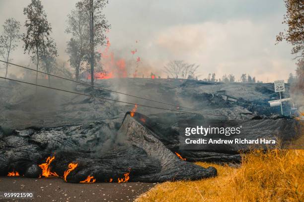 Lava flows from Fissure 21 in the aftermath of eruptions from the Kilauea volcano on Hawaii's Big Island, on May 17, 2018 in Pahoa, Hawaii. The U.S....
