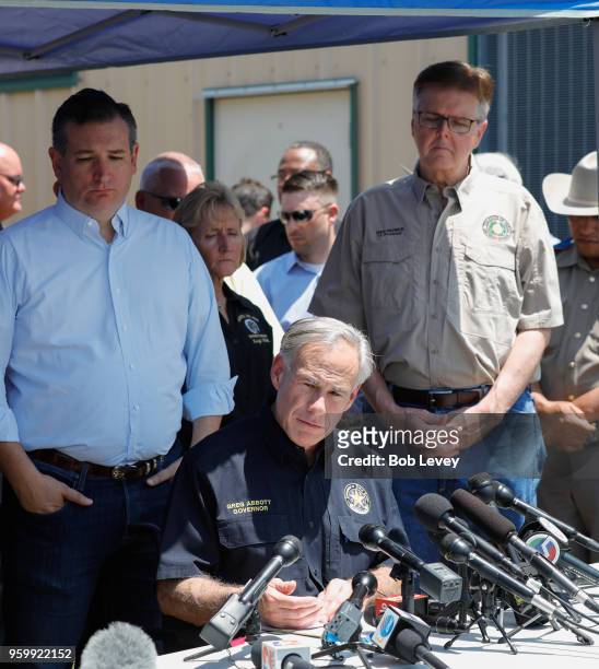Texas Sen. Ted Cruz, Texas Gov. Greg Abbott and Texas Lt. Gov. Dan Patrick speak during a press conference about the shooting incident at Santa Fe...
