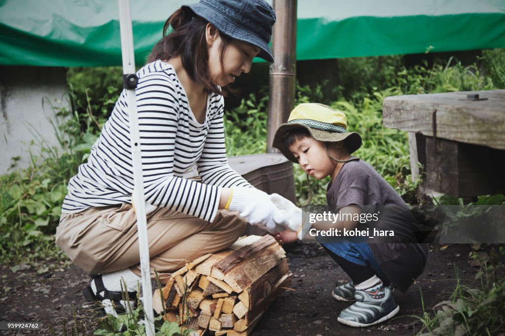 Mother and son camping outdoor