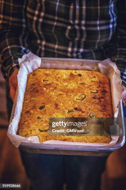 mexican corn bread with fresh corn and jalapenos - corn bread stock pictures, royalty-free photos & images