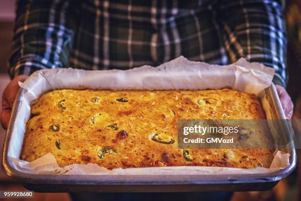 mexican corn bread with fresh corn and jalapenos - corn bread stock pictures, royalty-free photos & images