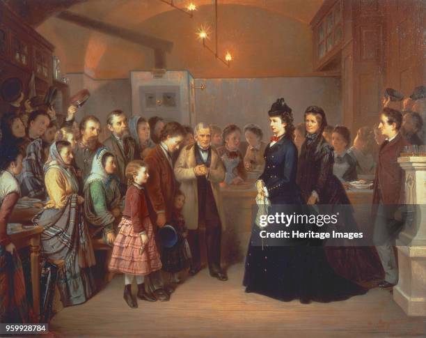 The Empress Elisabeth of Austria visits a soup kitchen in the Schönlaterngasse, 1875. Found in the Collection of Vienna Museum. )