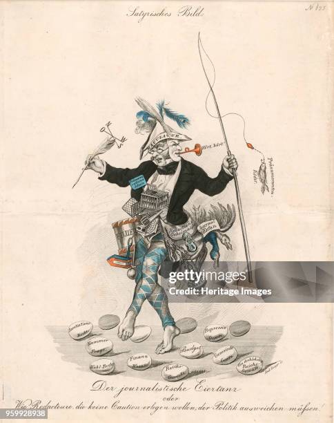 The journalistic egg dance, c. 1840. Found in the Collection of Deutsche Nationalbibliothek. )
