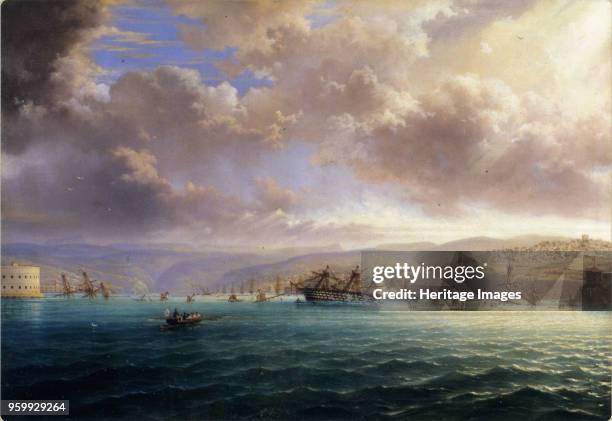 The Self-sinking of the Black Sea Fleet in the Bay of Sevastopol in 1856, 1872. Found in the Collection of State Central Navy Museum, St. Petersburg....