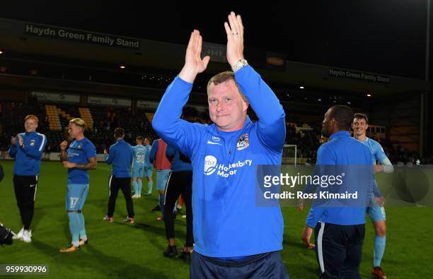 Mark Robins the manager of Coventry City celebrates after the Sky Bet League Two Play Off Semi Final:Second Leg between Notts County and Coventry...