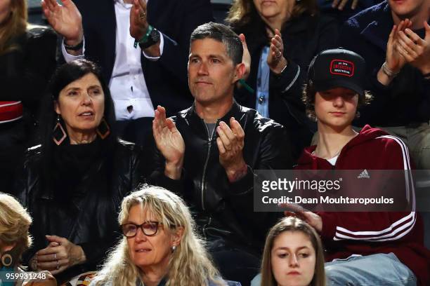 Actor, Matthew Fox and Margherita Ronchi attend the quarter final match between Simona Halep of Romania and Caroline Garcia of France during day 6 of...