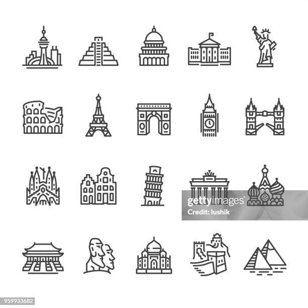 ilustraciones, imágenes clip art, dibujos animados e iconos de stock de punto de referencia internacional y famoso lugar - delinear iconos vectoriales - arco triunfal