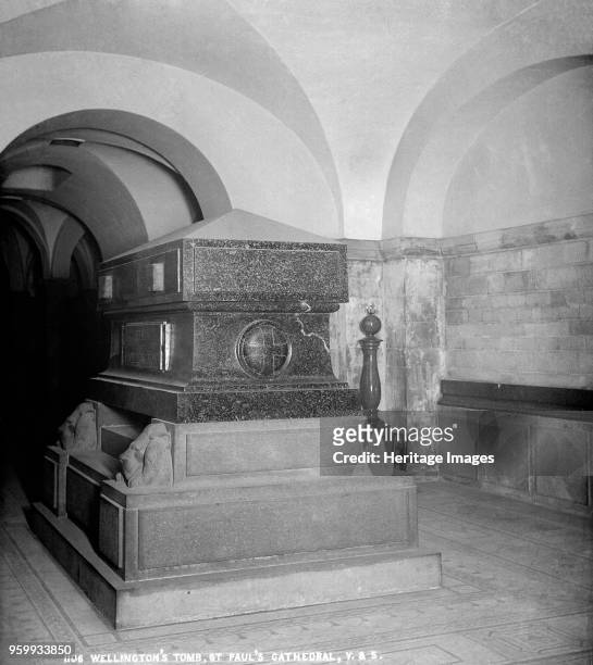 Duke of Wellington's tomb, St Paul's Cathedral, City of London, 1870-1900. A view of the sarcophagus of Cornish porphyry within the crypt of the...