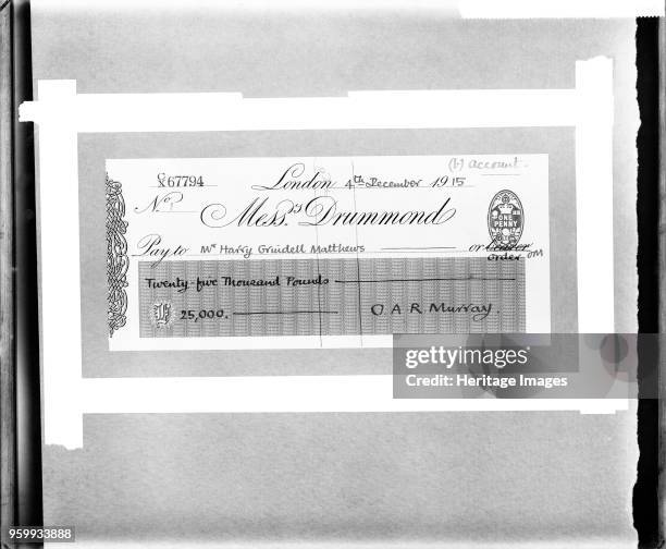 Cheque for £25,000 made payable to British inventor Harry Grindell Matthews, 1915. Matthews was an inventor best known for his claim to have invented...