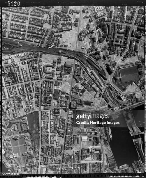 Plymouth, Devon, 10 June 1947. View showing the Stonehouse area, part of Millbay Docks and the Royal Naval hospital. Artist RAF photographer.